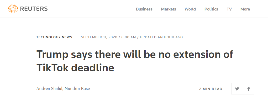 最后期限不会延长！特朗普称15日前TikTok没卖就关门