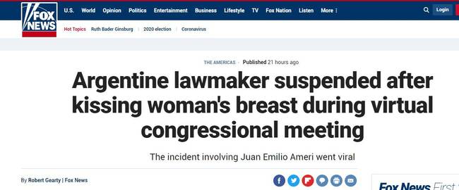 阿根廷议员开会时公然在镜头前吻妻子胸部被停职